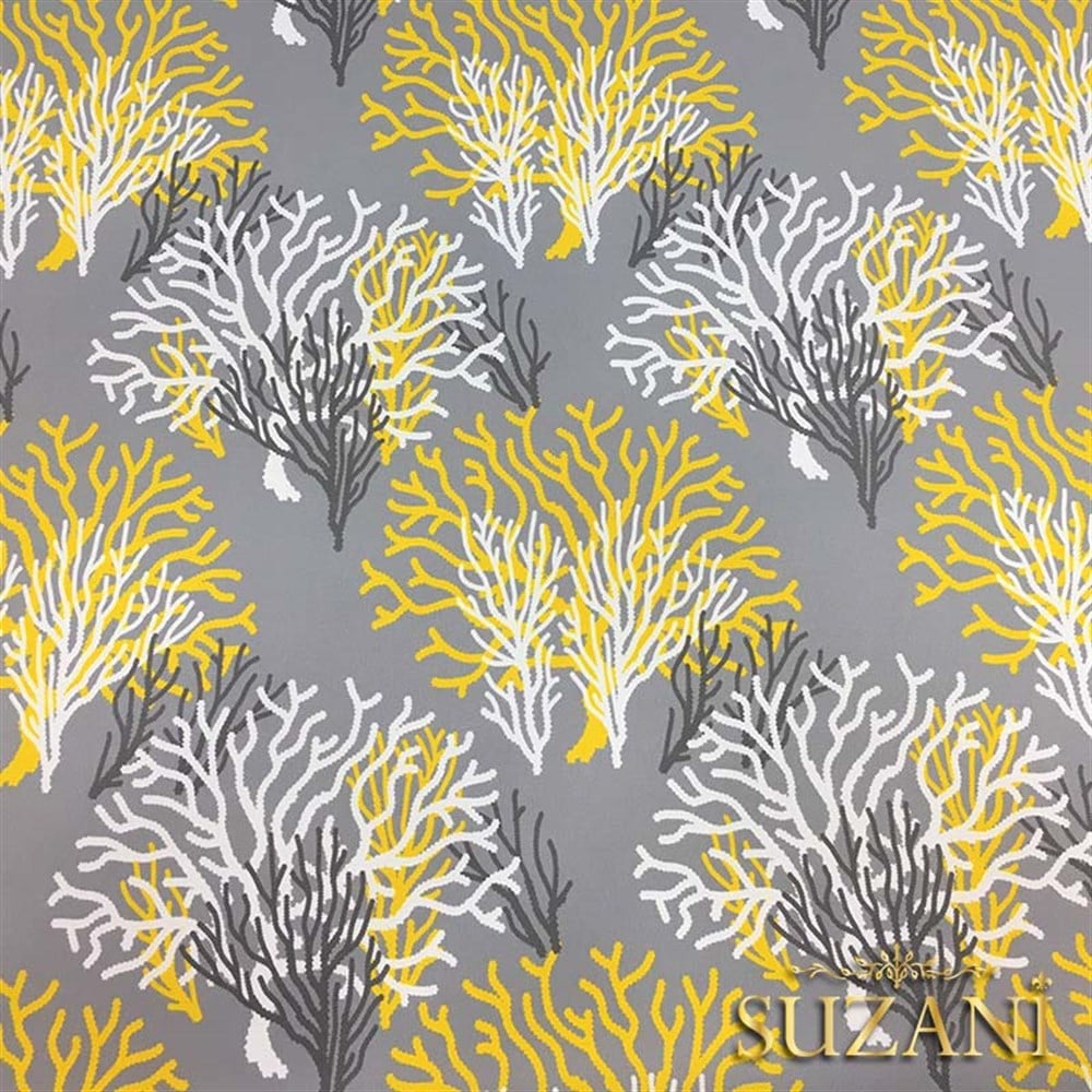 Gri Zemin Sarı Beyaz Mercan Desenli Kumaş