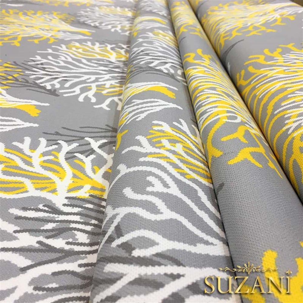 Gri Zemin Sarı Beyaz Mercan Desenli Kumaş