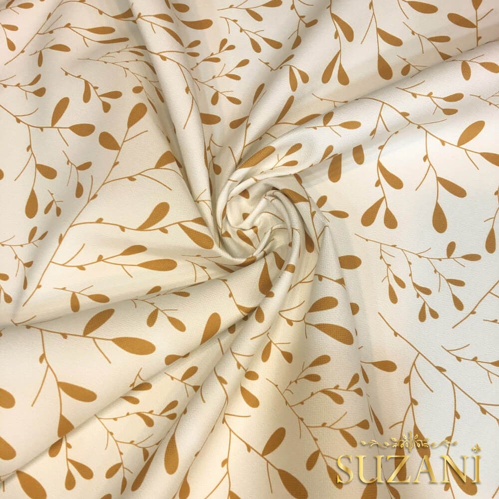 Hardal Minik Yaprak Desenli Dijital Baskılı Kumaş