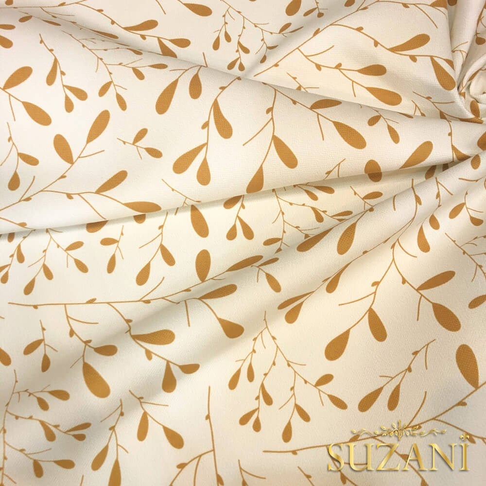 Hardal Minik Yaprak Desenli Dijital Baskılı Kumaş