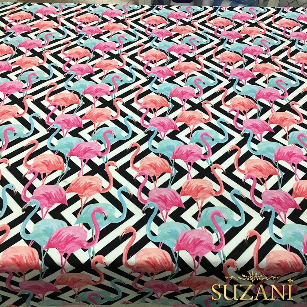 İç İçe Kareli Flamingolu Kumaş