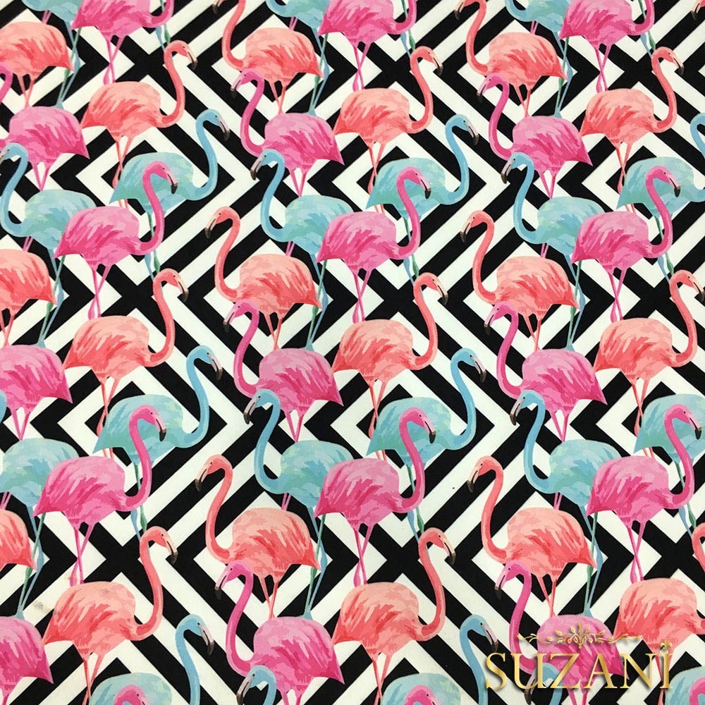 İç İçe Kareli Flamingolu Kumaş