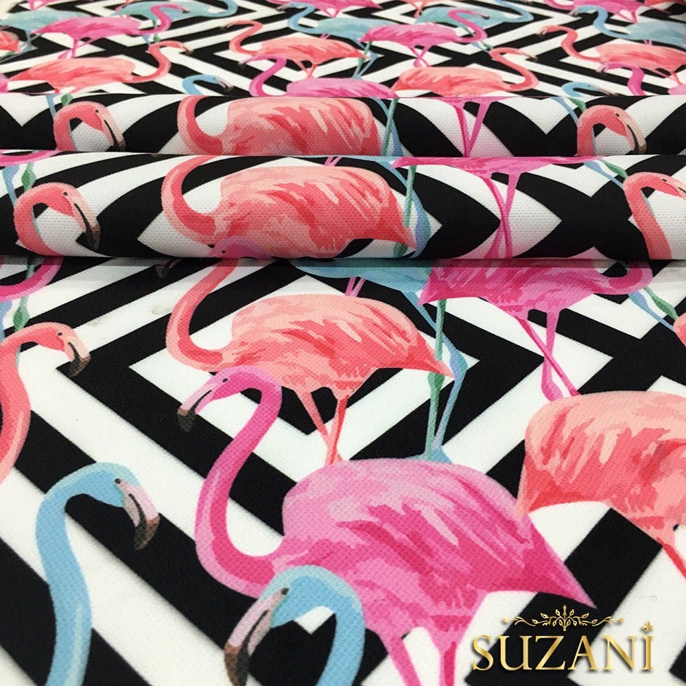 İç İçe Kareli Flamingolu Kumaş