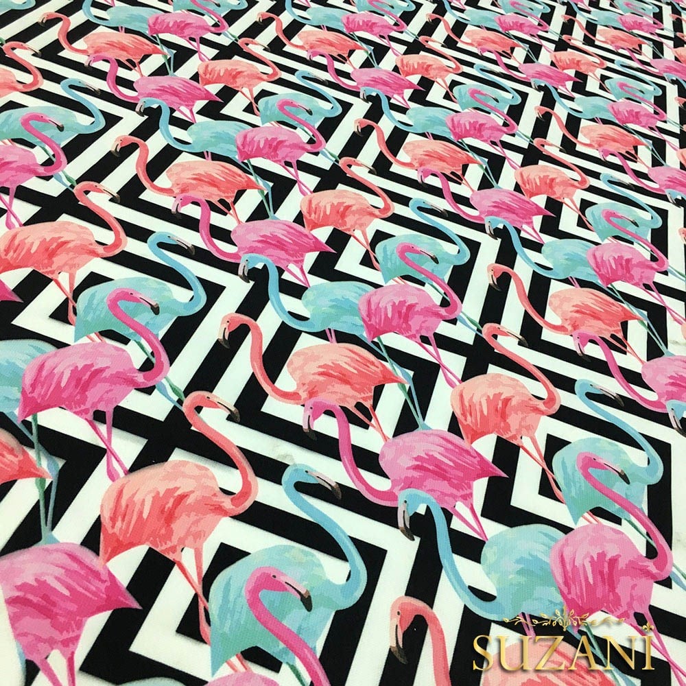 İç İçe Kareli Flamingolu Kumaş