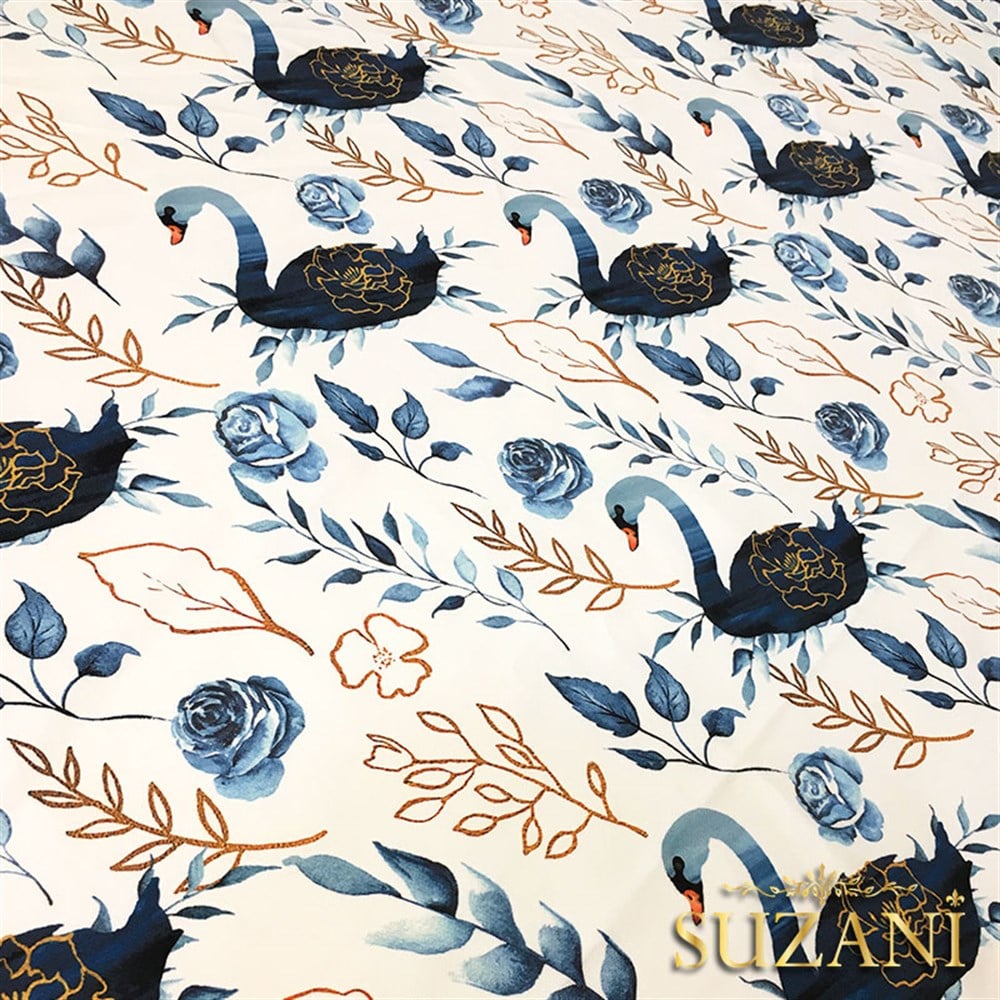 İndigo Gold Kuğu Desenli Kumaş