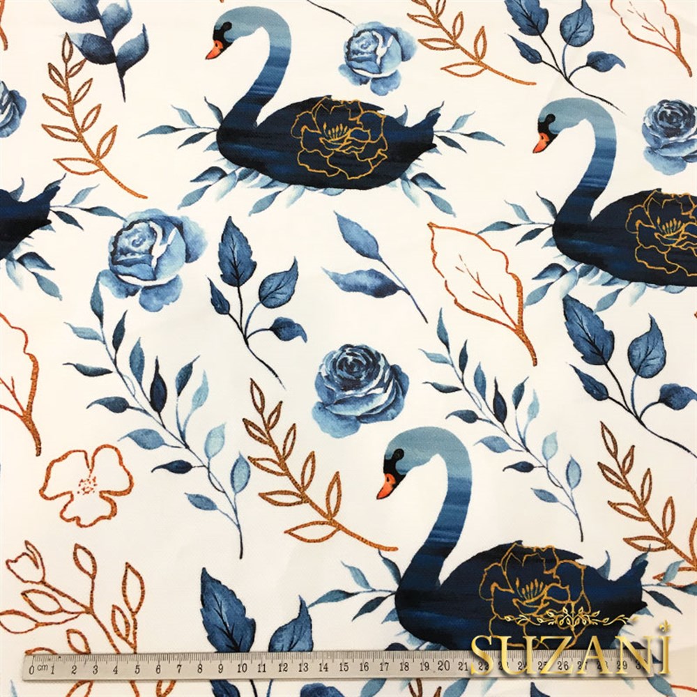 İndigo Gold Kuğu Desenli Kumaş