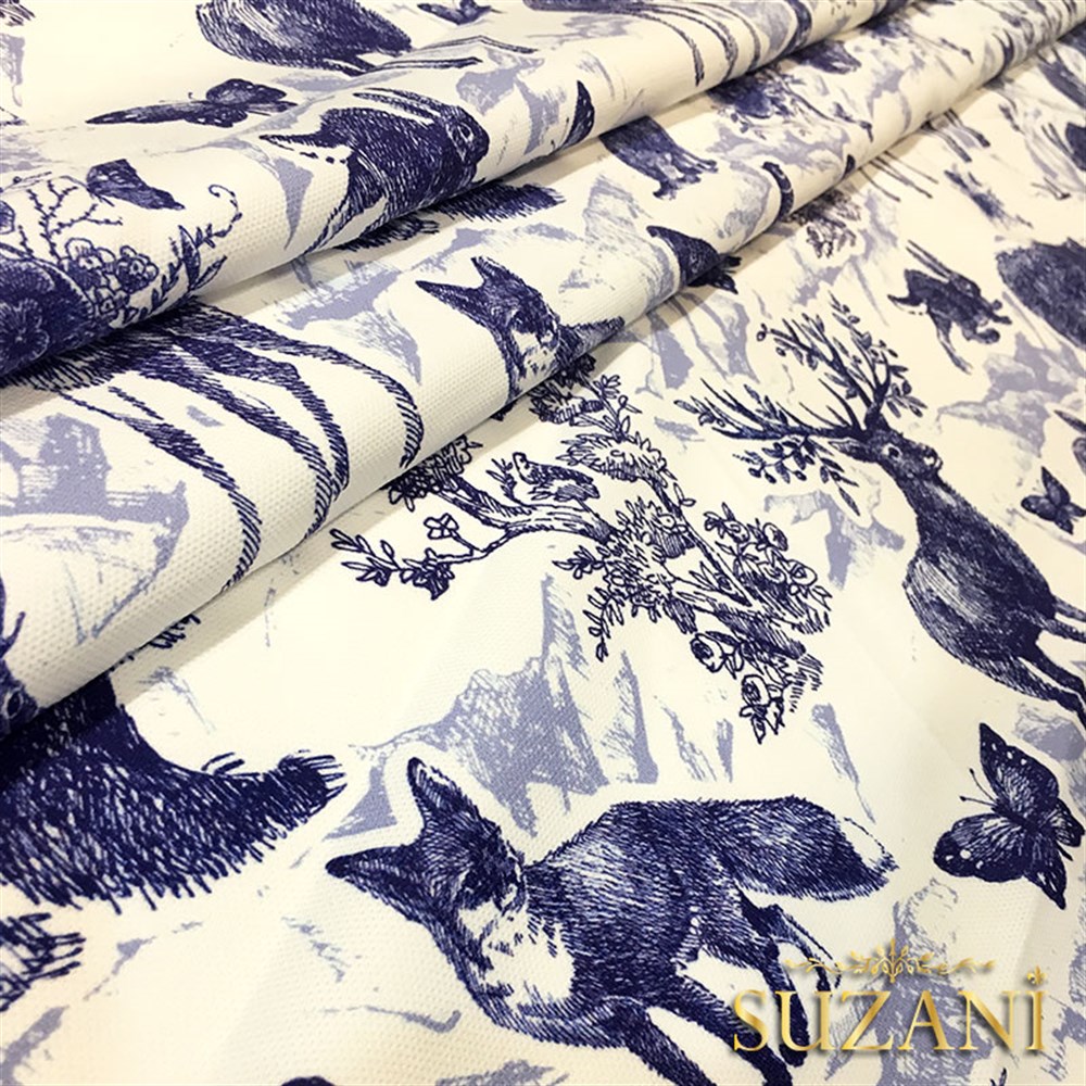 İndigo Orman Hayvanları Desenli Kumaş