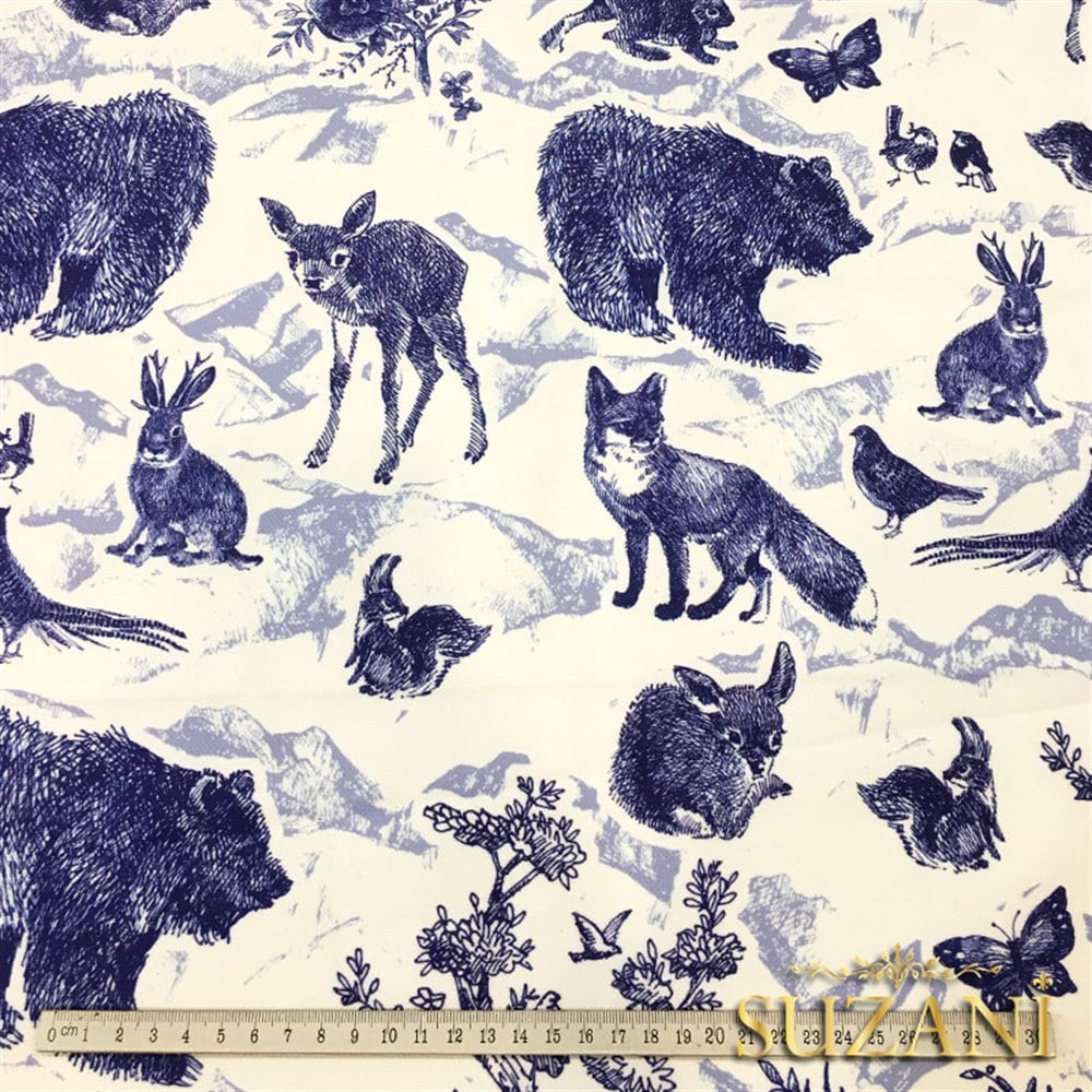 İndigo Orman Hayvanları Desenli Kumaş