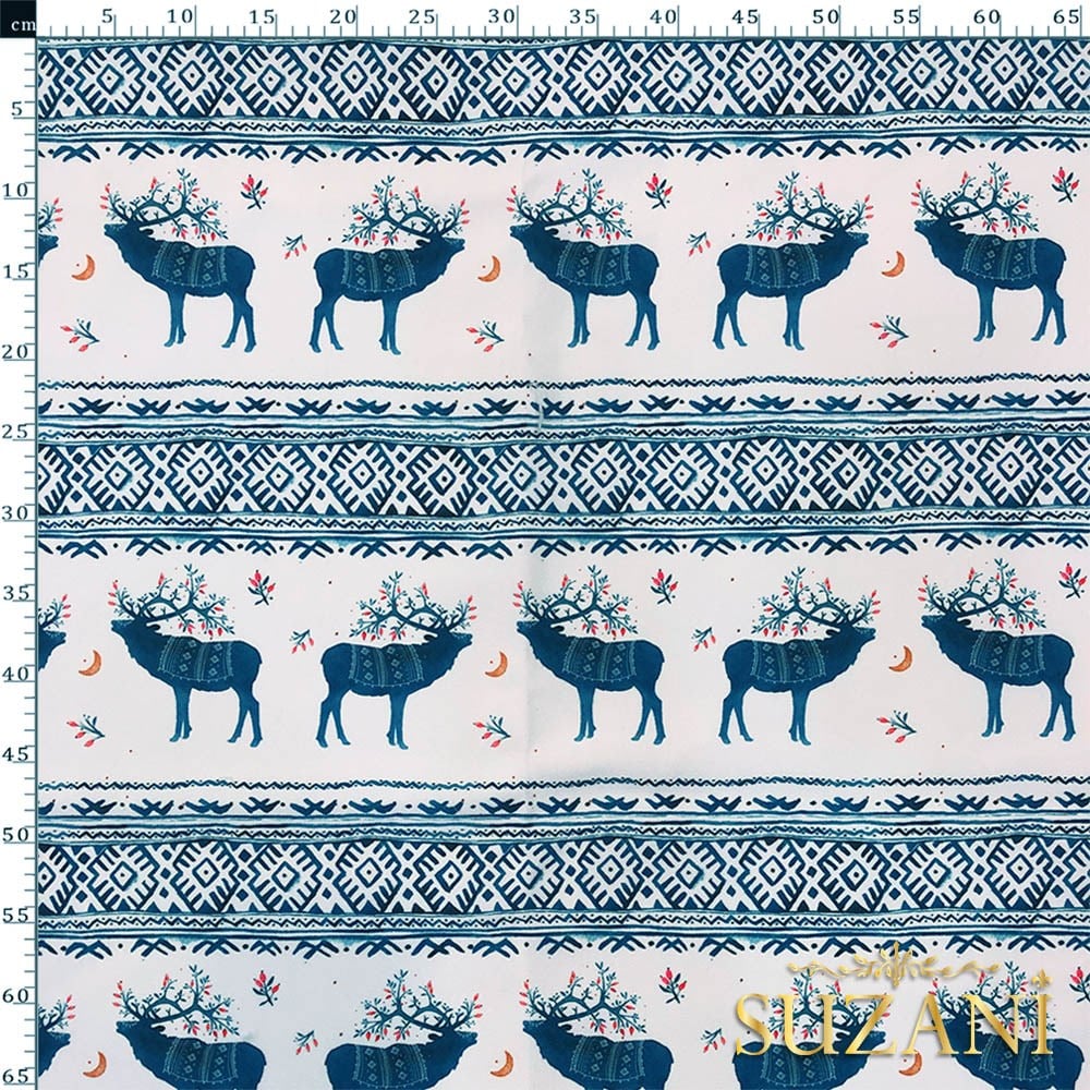 İskandinav Geyik Desenli Dijital Baskılı Kumaş