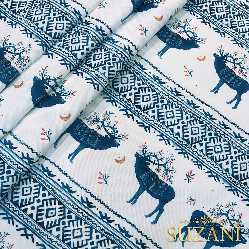 İskandinav Geyik Desenli Dijital Baskılı Kumaş