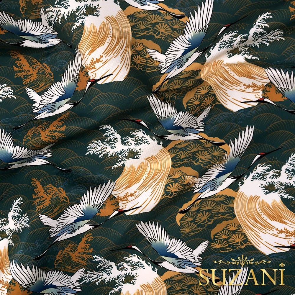 Japon Kuş Desenli Dijital Baskılı Kumaş