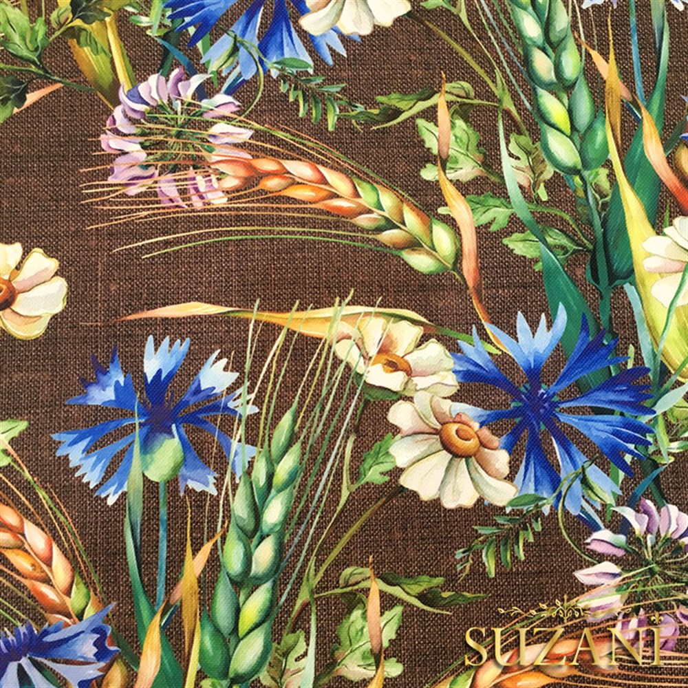 Kahve Keten Başaklar Desenli Kumaş