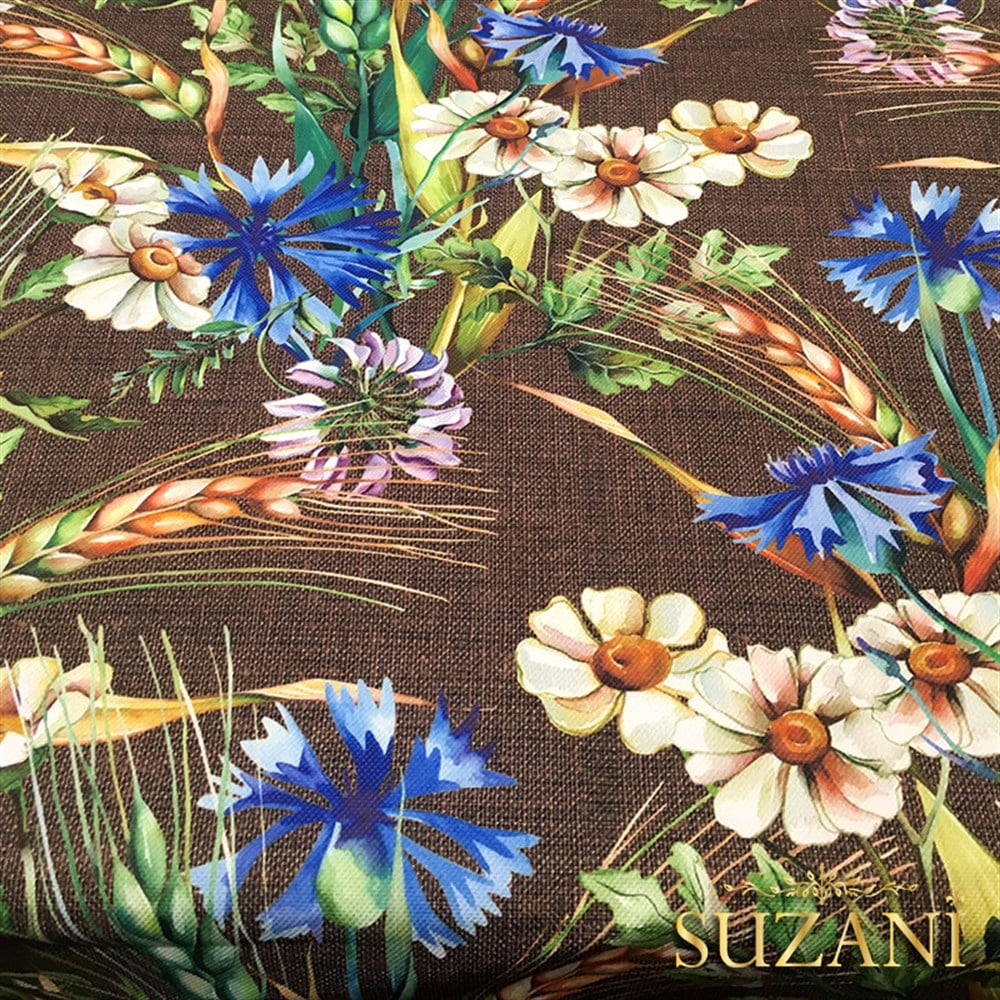 Kahve Keten Başaklar Desenli Kumaş