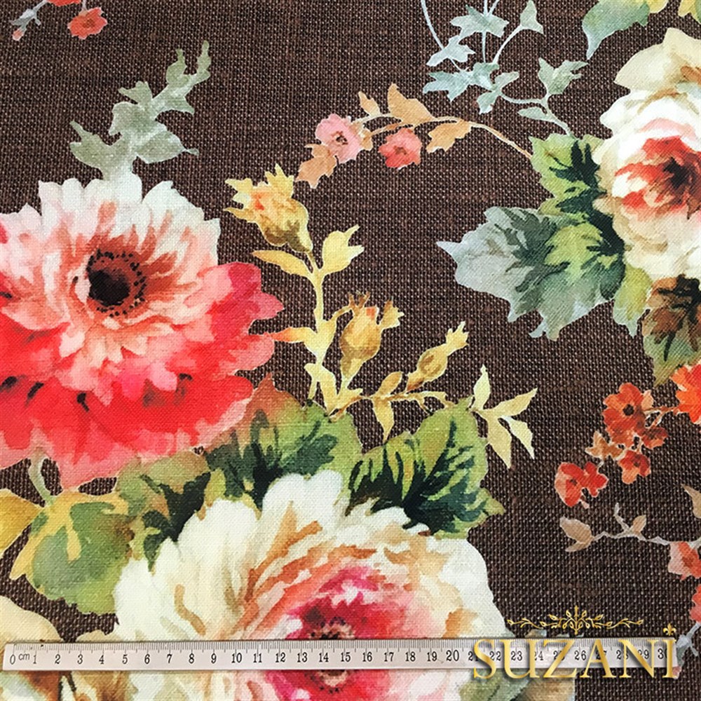 Kahve Keten Güller Desenli Kumaş