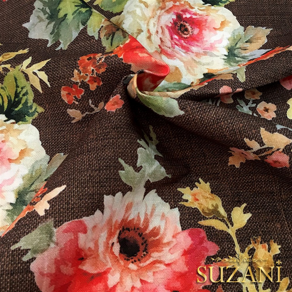 Kahve Keten Güller Desenli Kumaş