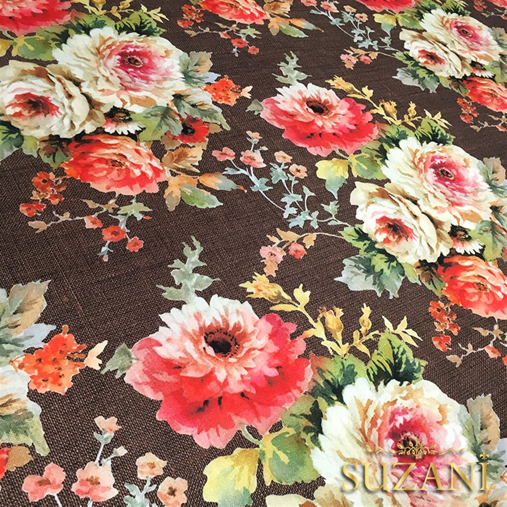 Kahve Keten Güller Desenli Kumaş