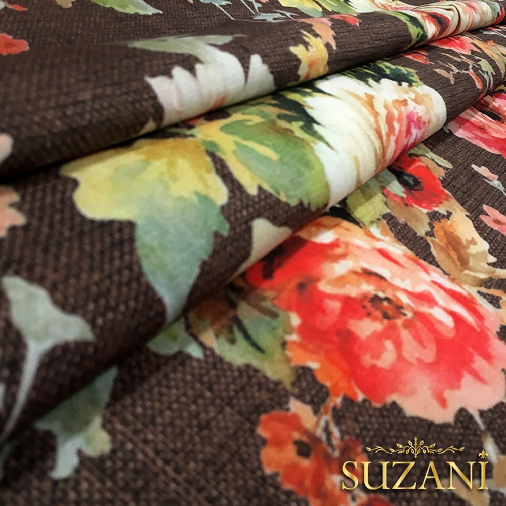 Kahve Keten Güller Desenli Kumaş