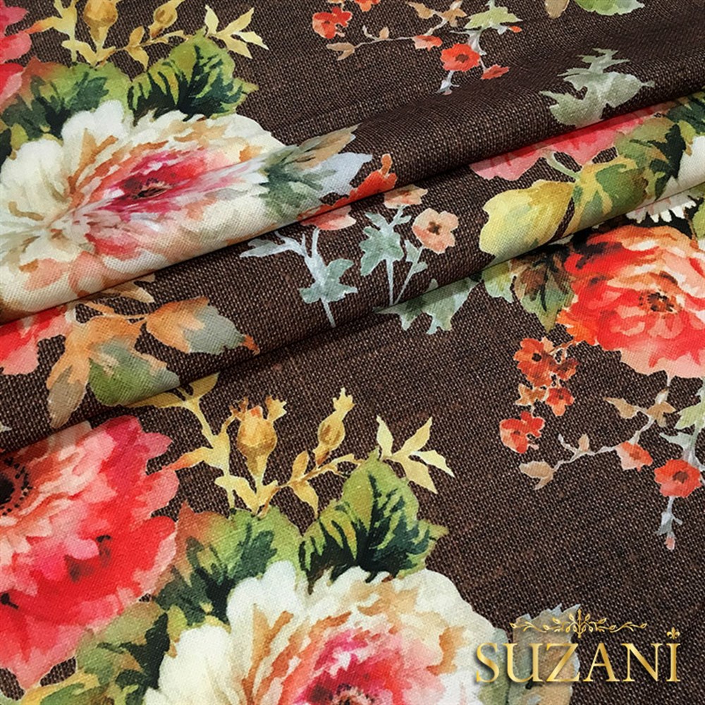 Kahve Keten Güller Desenli Kumaş