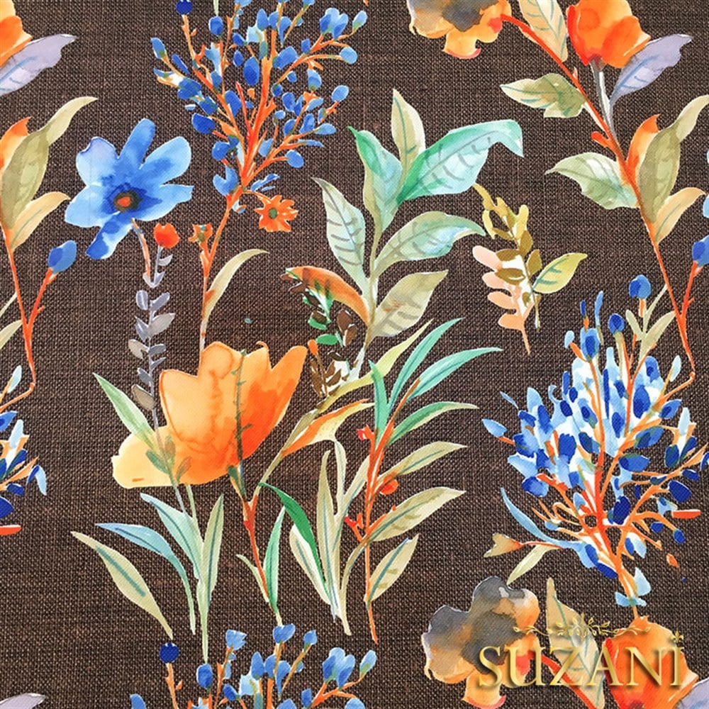 Kahve Keten Mavi Çiçek Desenli Kumaş