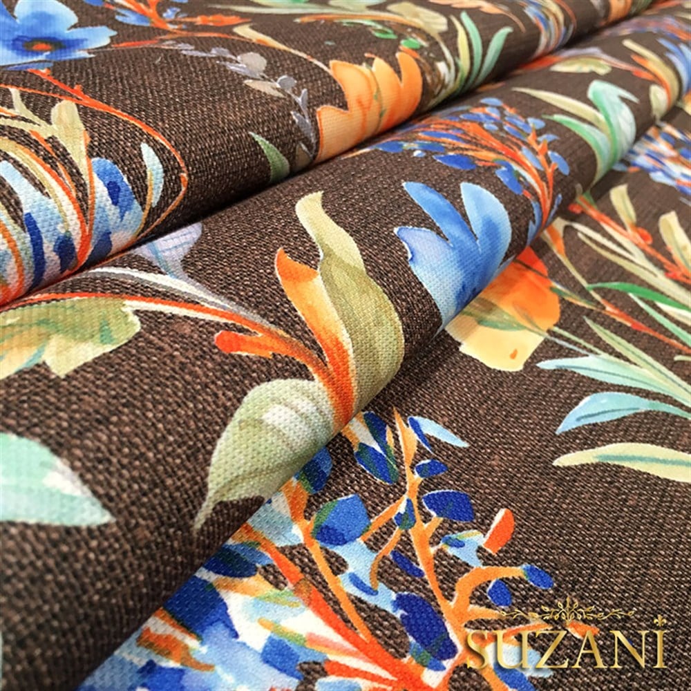 Kahve Keten Mavi Çiçek Desenli Kumaş