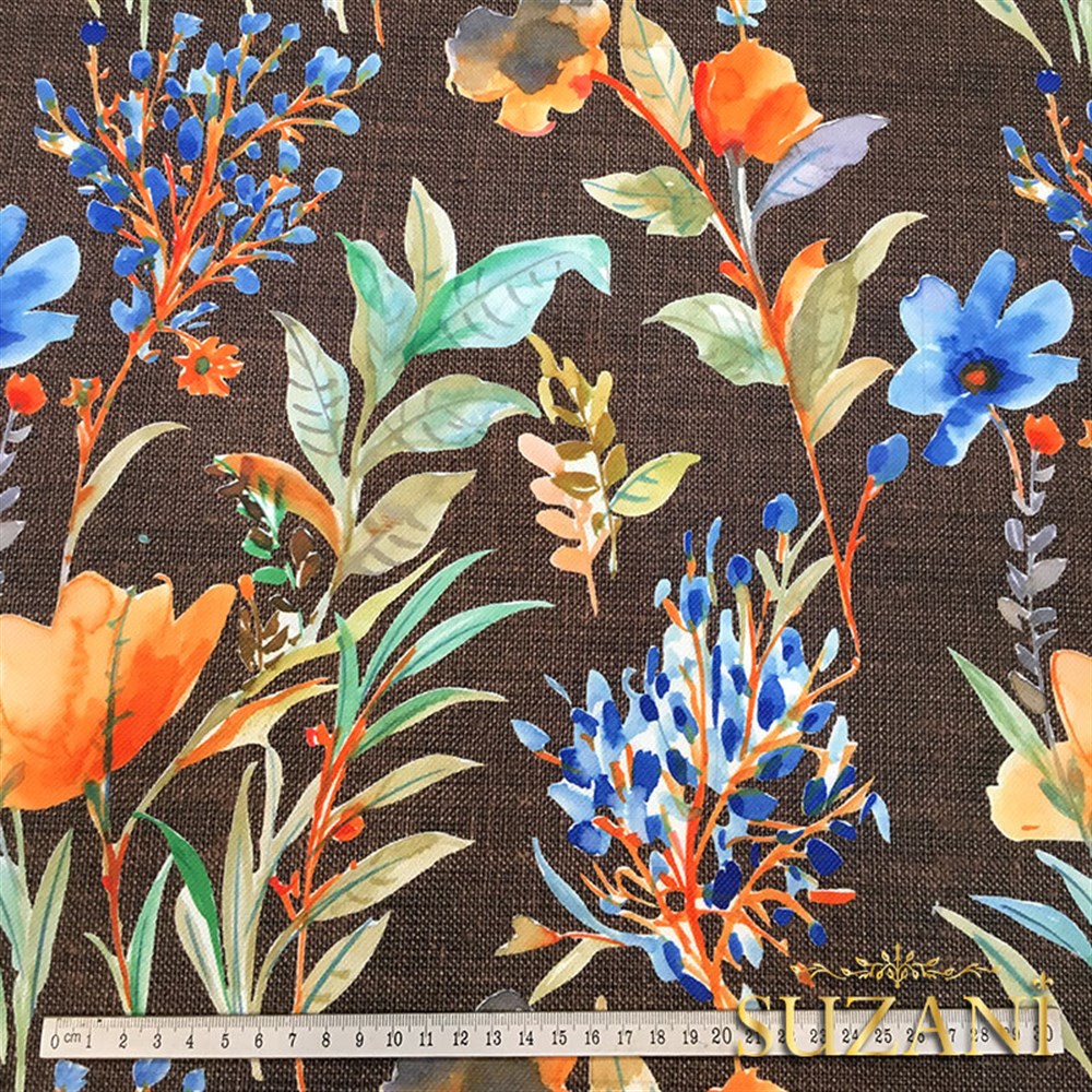 Kahve Keten Mavi Çiçek Desenli Kumaş