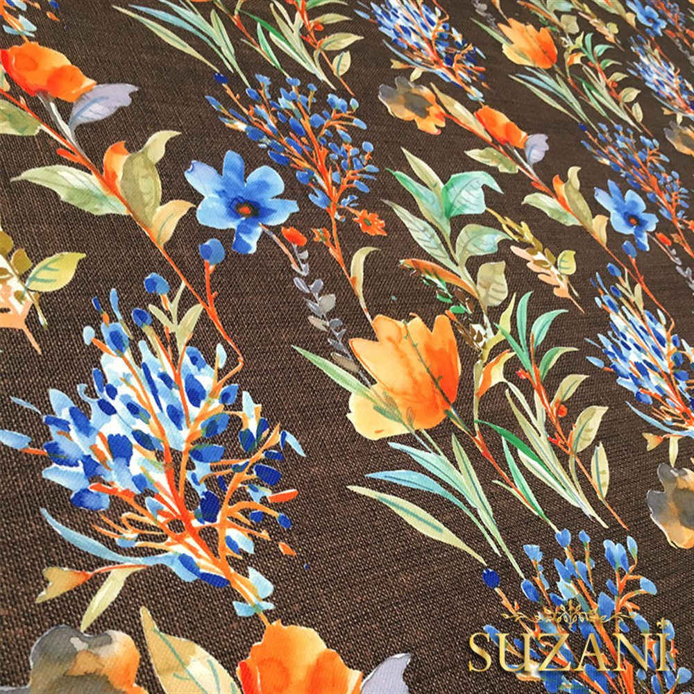 Kahve Keten Mavi Çiçek Desenli Kumaş