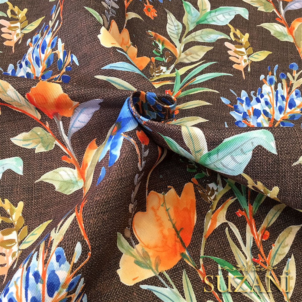 Kahve Keten Mavi Çiçek Desenli Kumaş