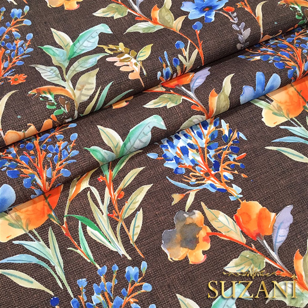 Kahve Keten Mavi Çiçek Desenli Kumaş