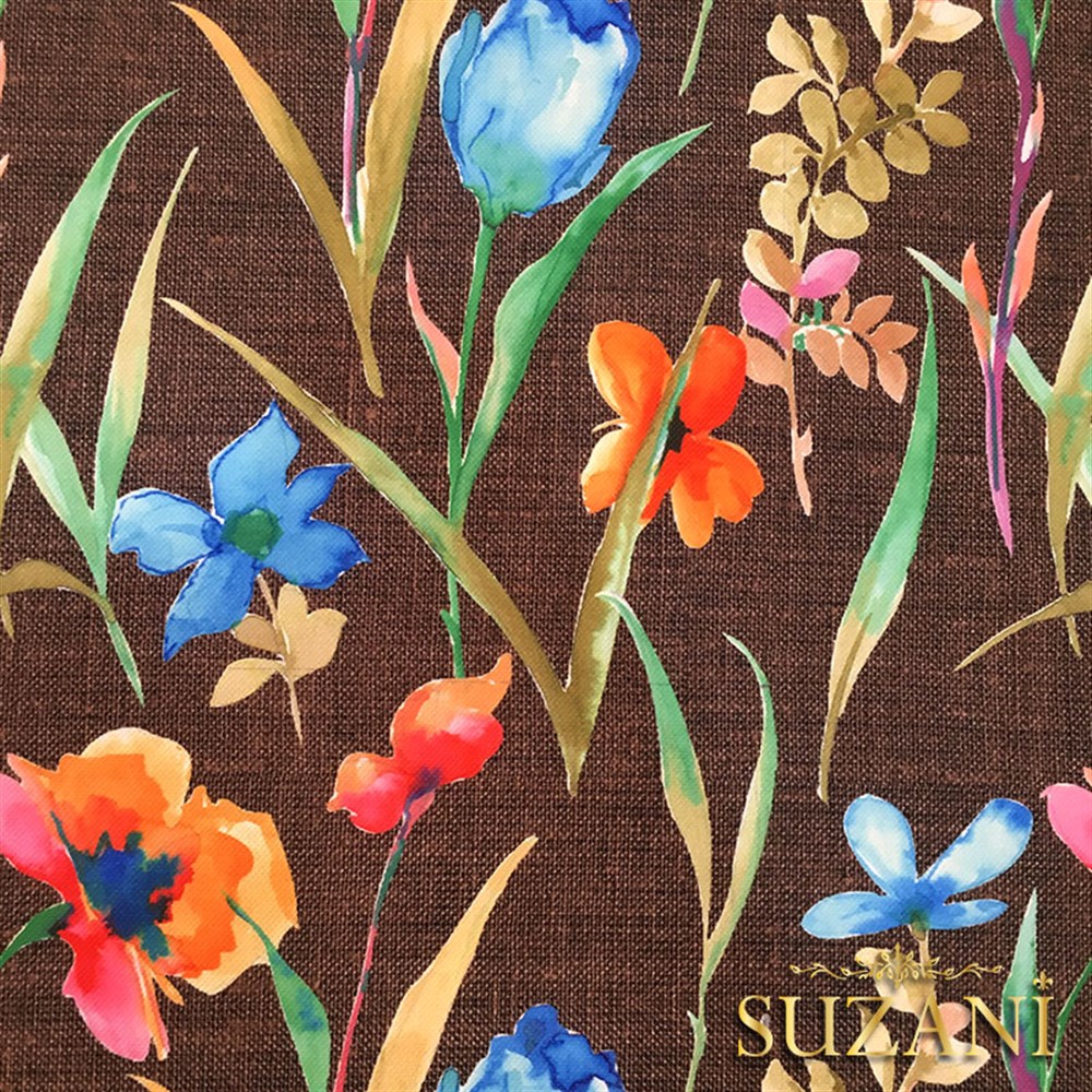 Kahve Keten Suluboya Çiçekler Desenli Kumaş