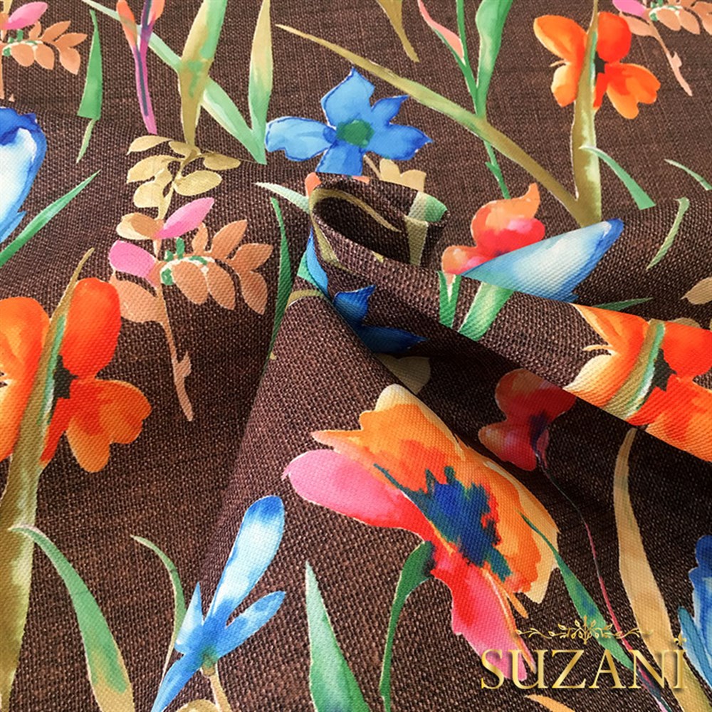 Kahve Keten Suluboya Çiçekler Desenli Kumaş