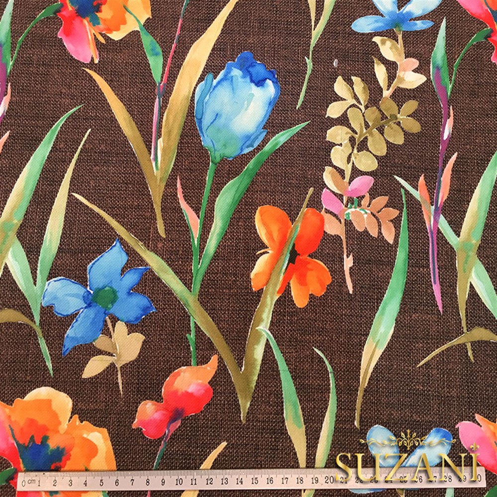 Kahve Keten Suluboya Çiçekler Desenli Kumaş