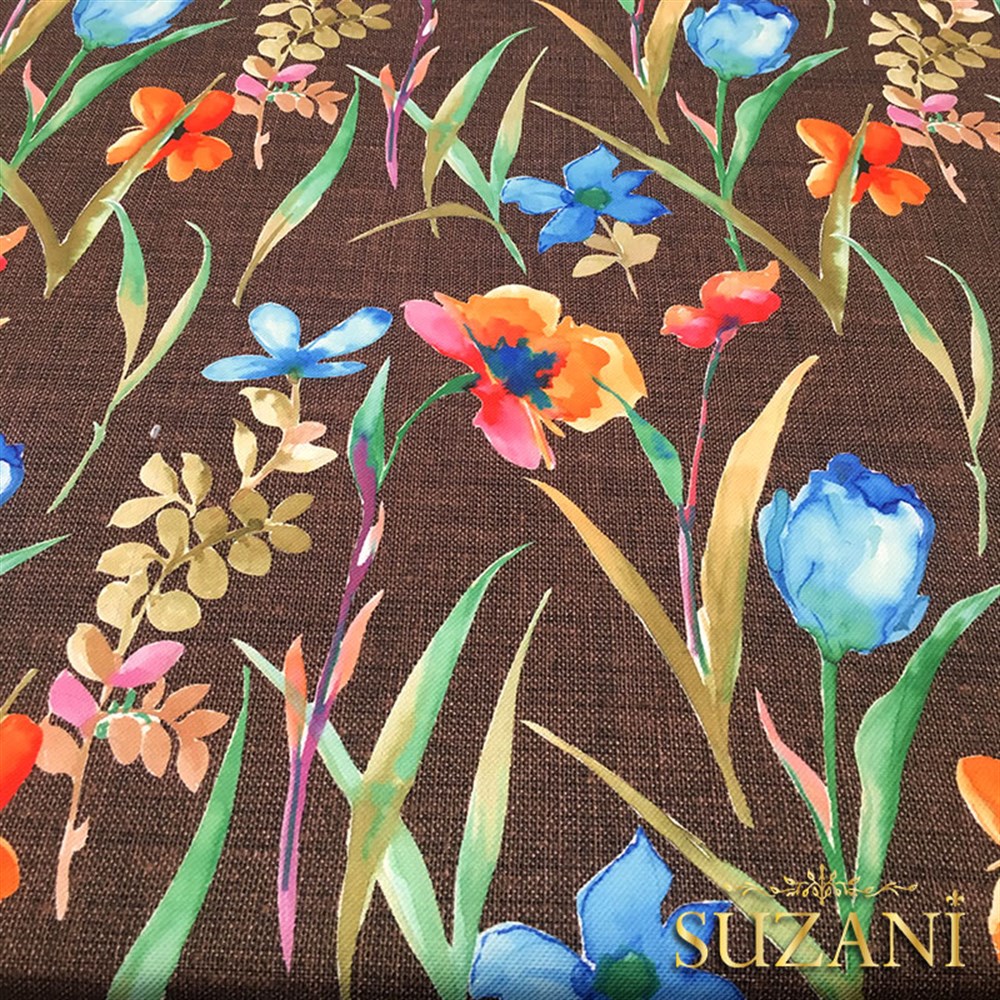 Kahve Keten Suluboya Çiçekler Desenli Kumaş