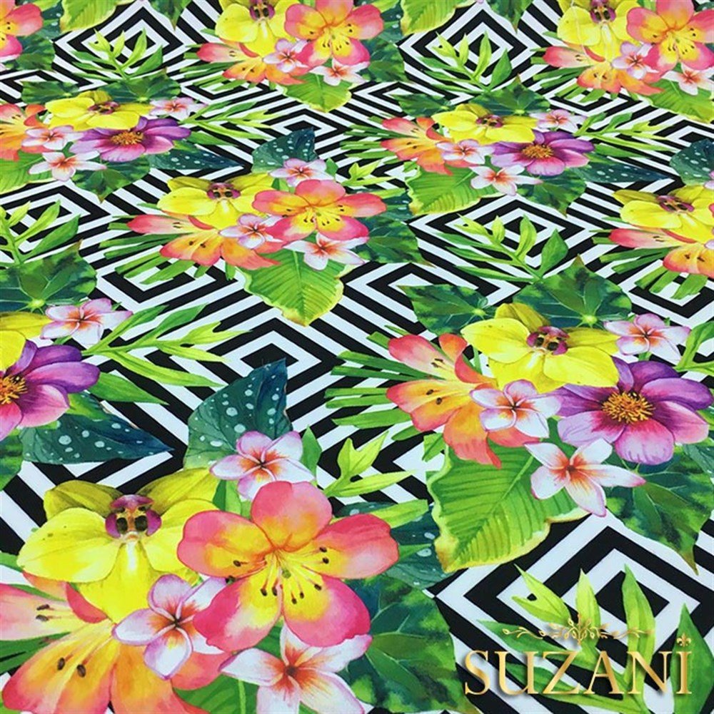 Kareler Üzeri Sarı Kırmızı Çiçekli Kumaş