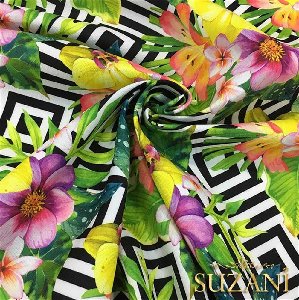 Kareler Üzeri Sarı Kırmızı Çiçekli Kumaş