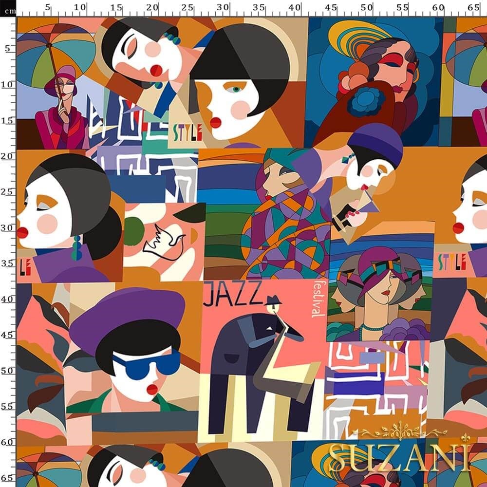 Karnaval Kolaj Desenli Dijital Baskılı Kumaş