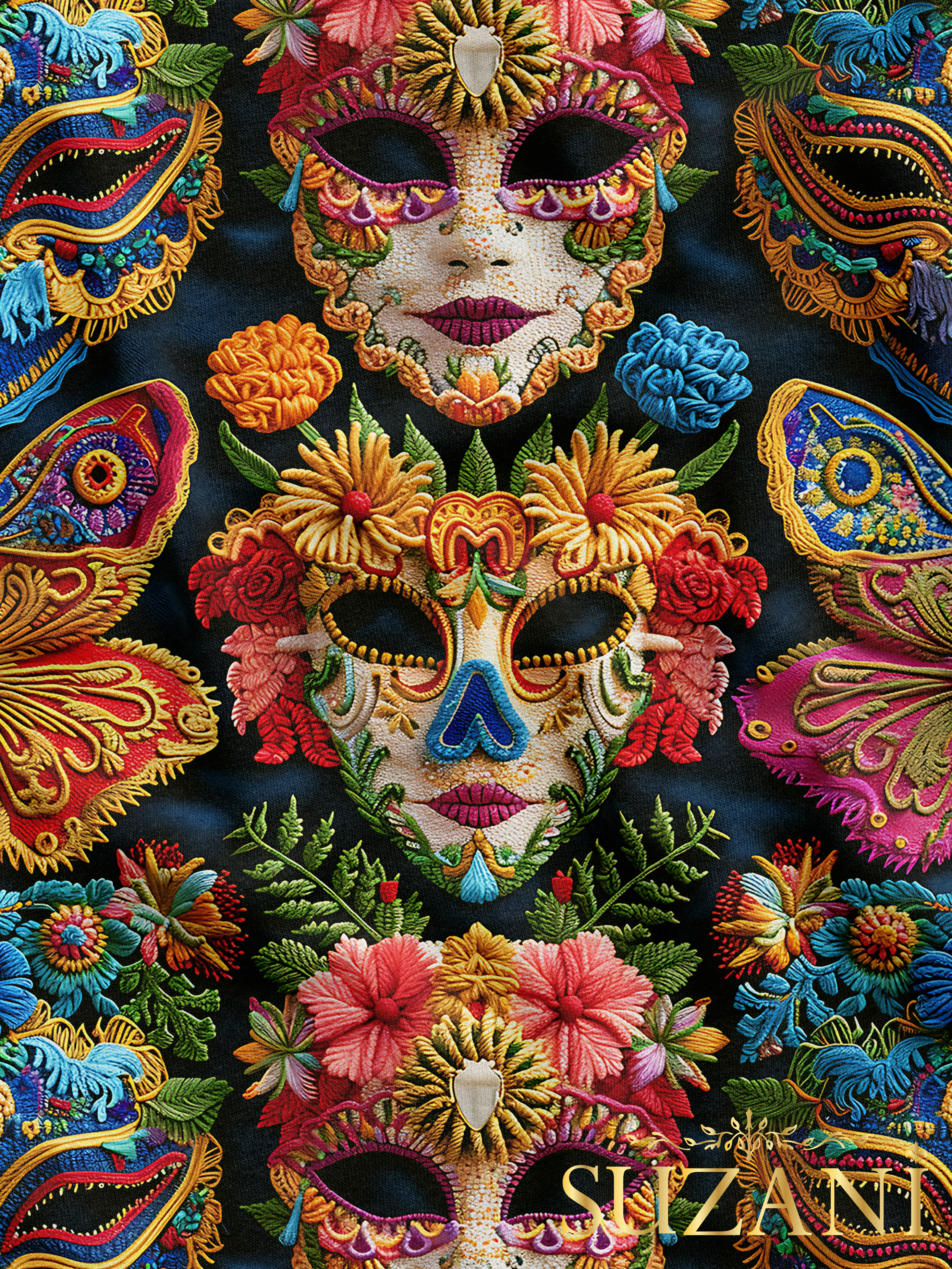 Karnaval Maske Desenli Dijital Baskılı Kumaş