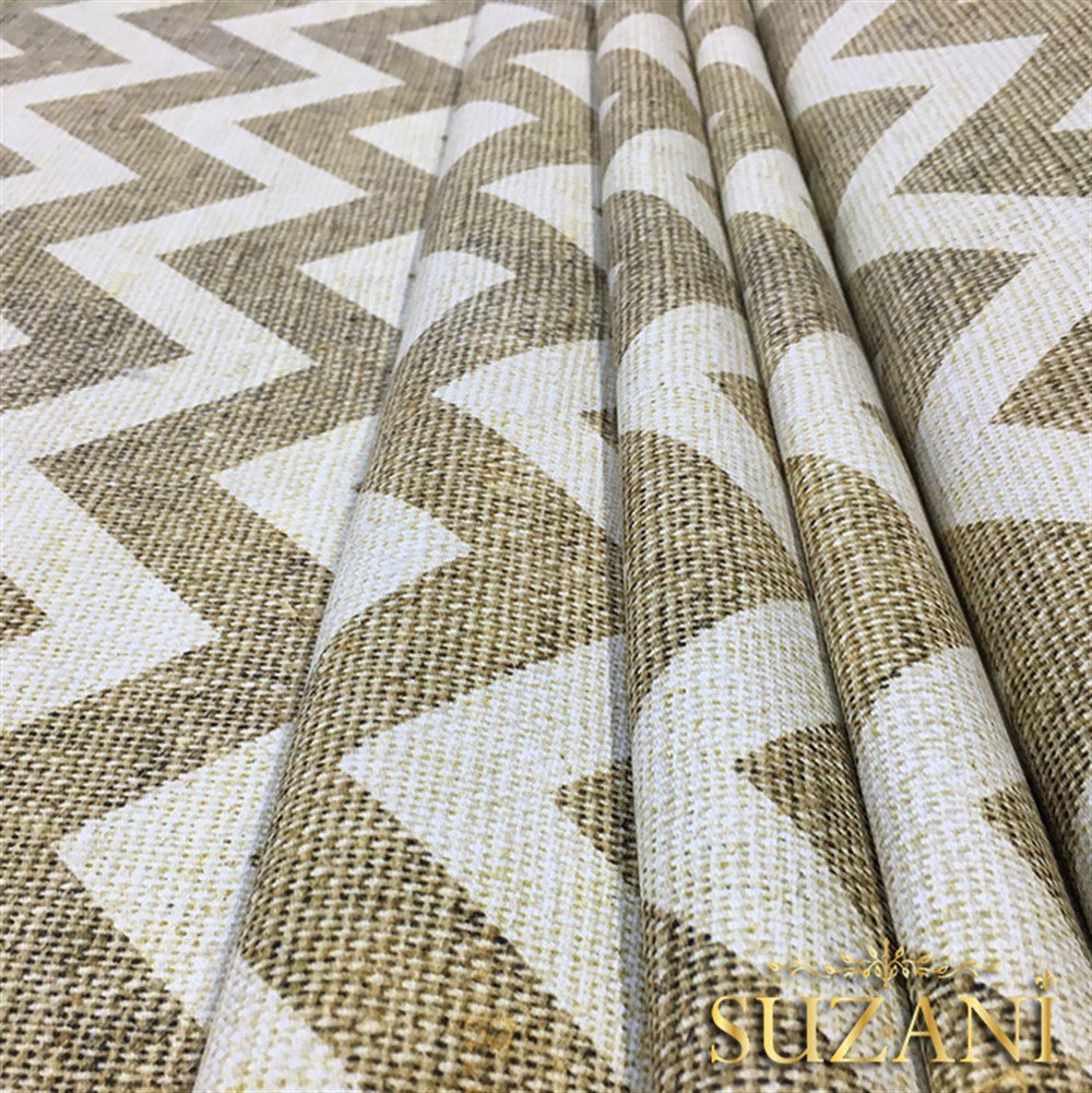 Keten Efekt Beyaz Zigzag Desenli Kumaş