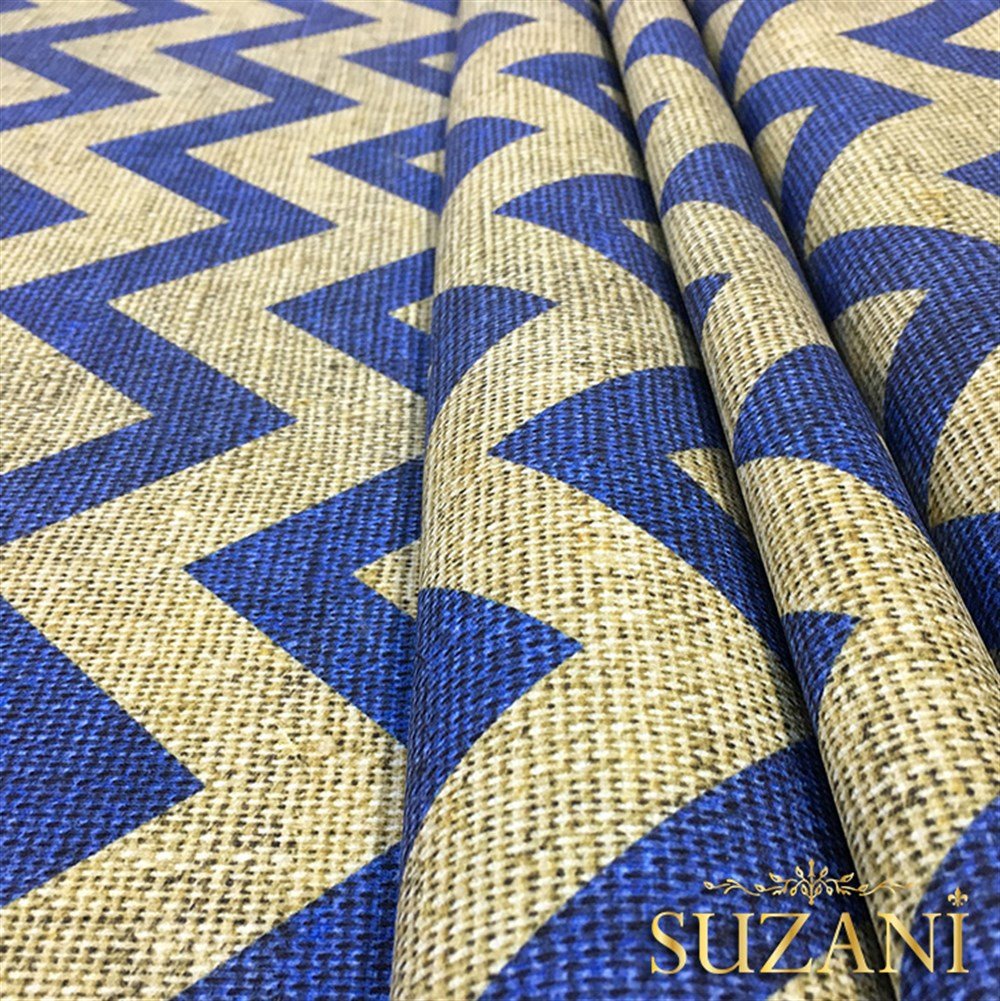Keten Efekt Lacivert Zigzag Desenli Kumaş