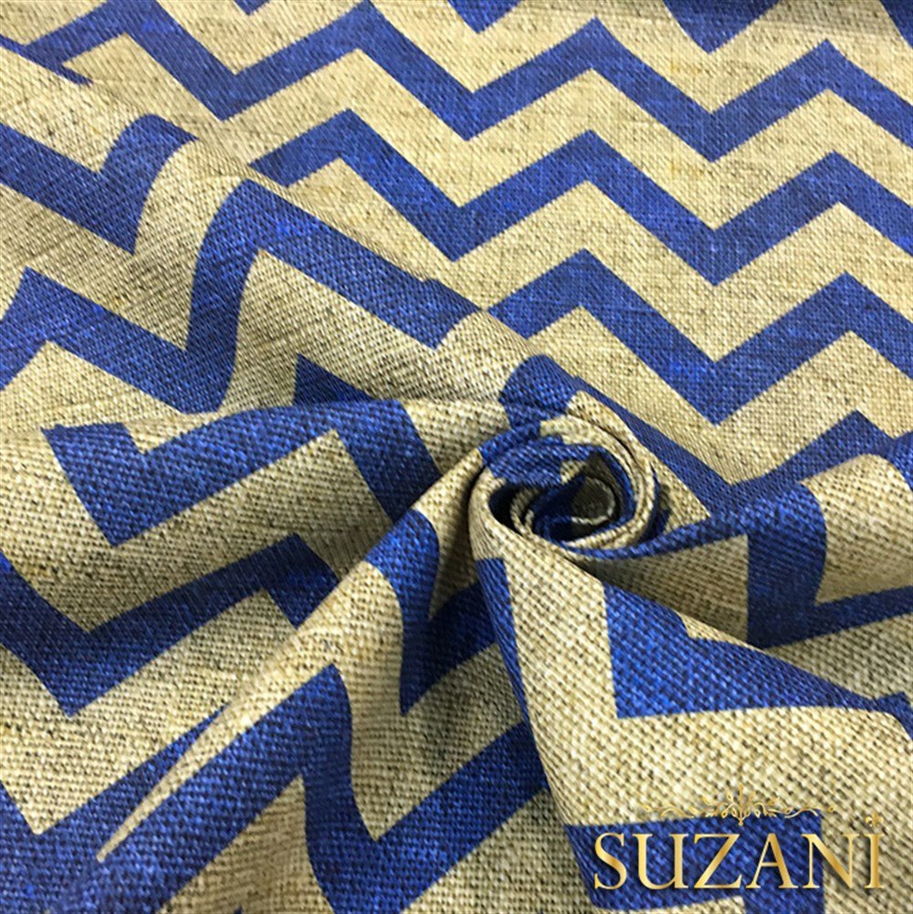 Keten Efekt Lacivert Zigzag Desenli Kumaş