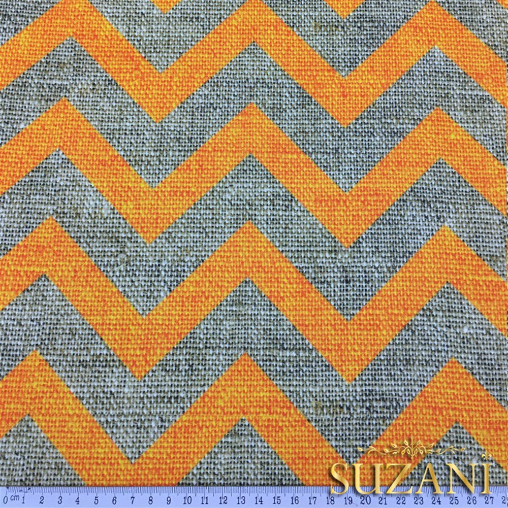 Keten Efekt Turuncu Zigzag Desenli Kumaş