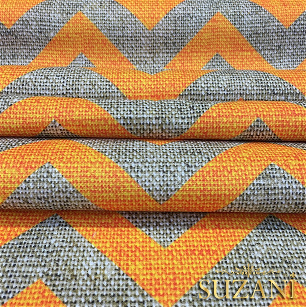 Keten Efekt Turuncu Zigzag Desenli Kumaş