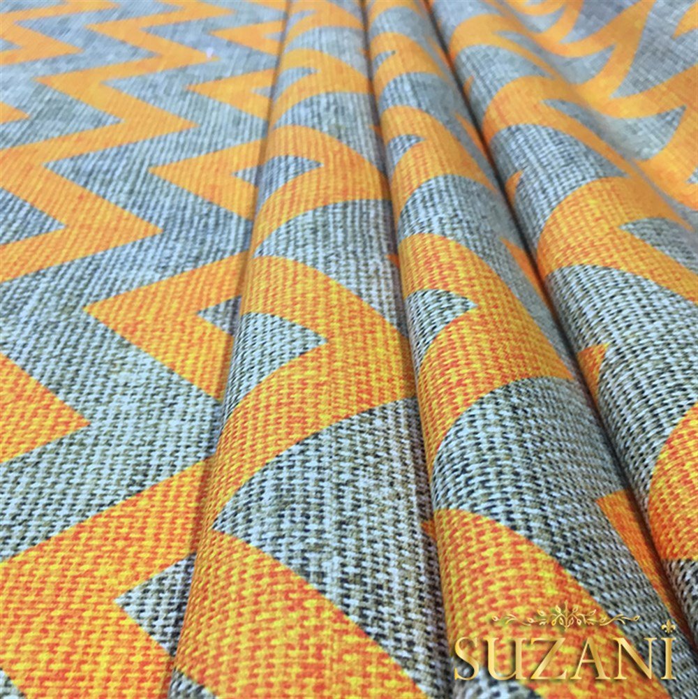 Keten Efekt Turuncu Zigzag Desenli Kumaş