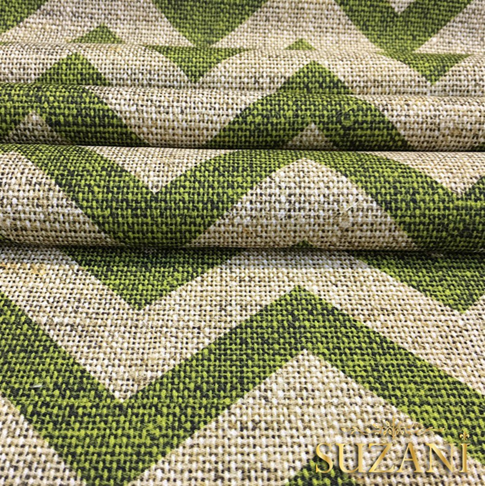 Keten Efekt Yeşil Zigzag Desenli Kumaş