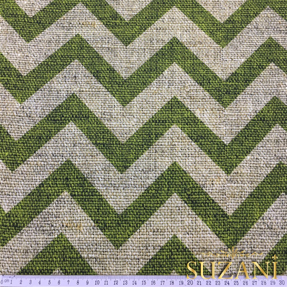 Keten Efekt Yeşil Zigzag Desenli Kumaş