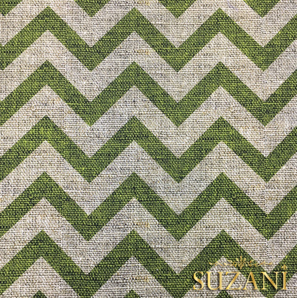 Keten Efekt Yeşil Zigzag Desenli Kumaş