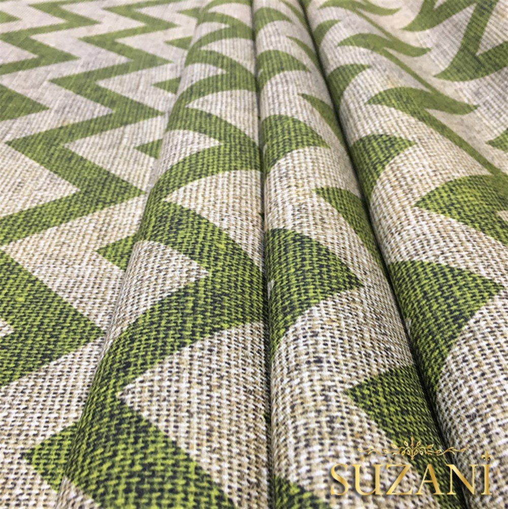 Keten Efekt Yeşil Zigzag Desenli Kumaş