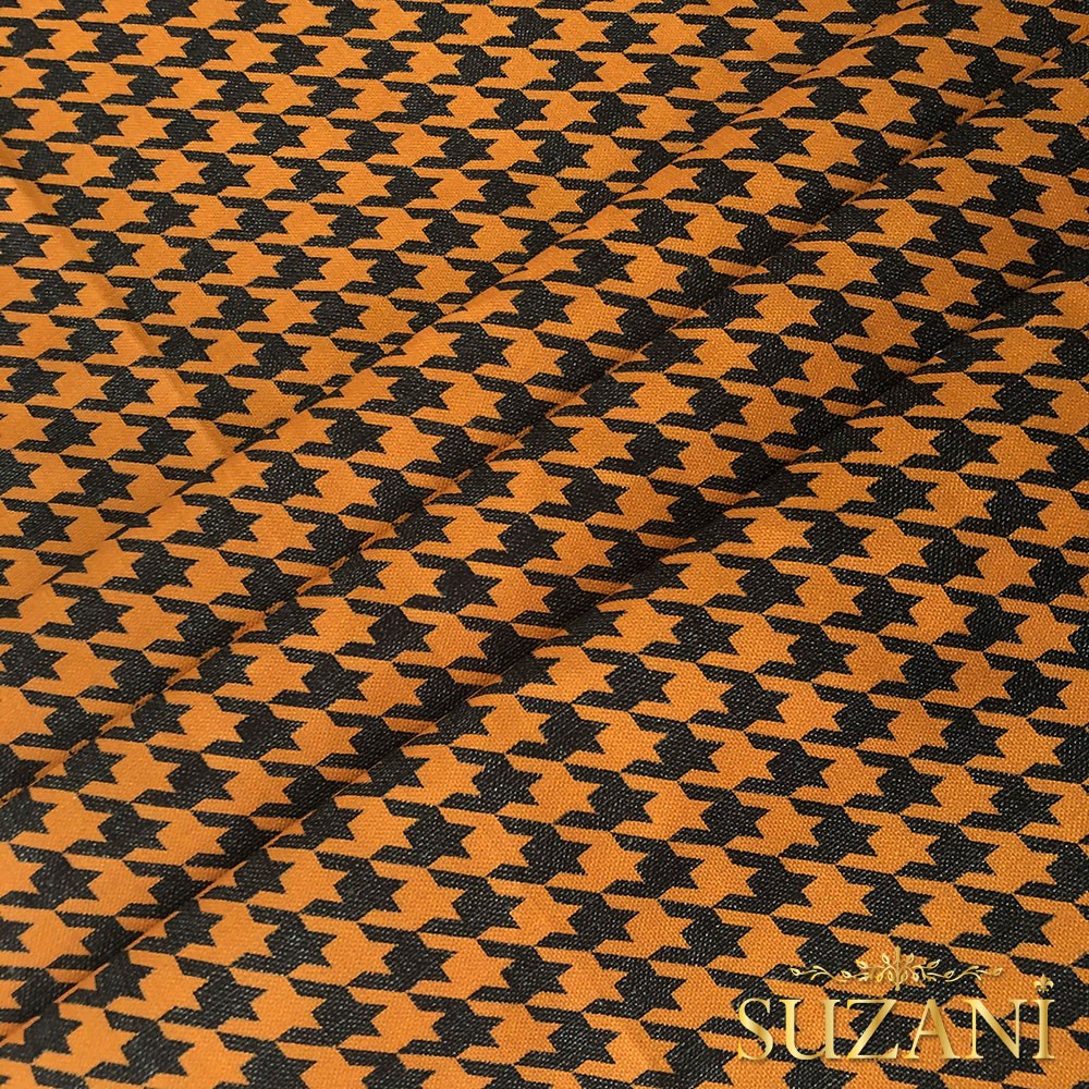 Keten Efektli Büyük Turuncu Siyah Kazayağı Desenli Kumaş