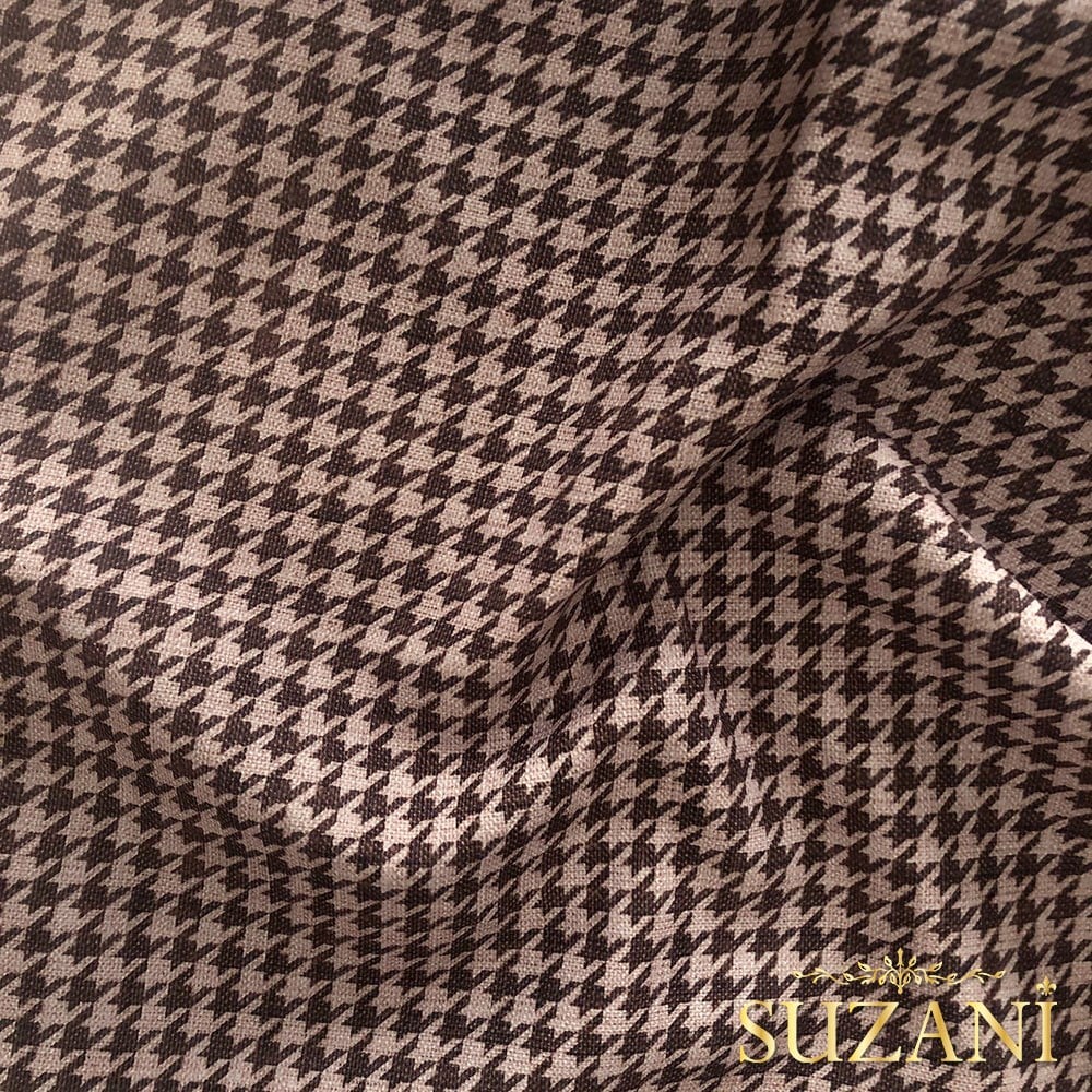 Keten Efektli Küçük Kahve Pudra Kazayağı Desenli Kumaş