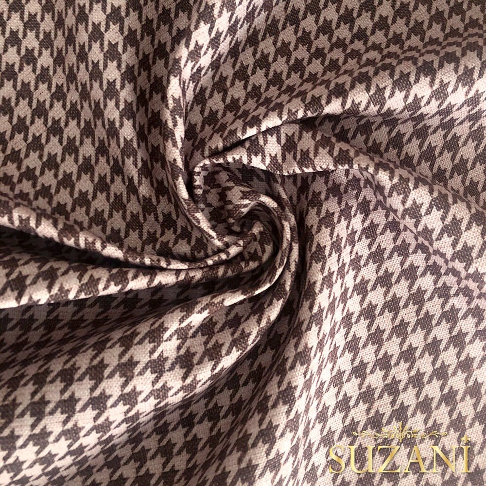 Keten Efektli Küçük Kahve Pudra Kazayağı Desenli Kumaş