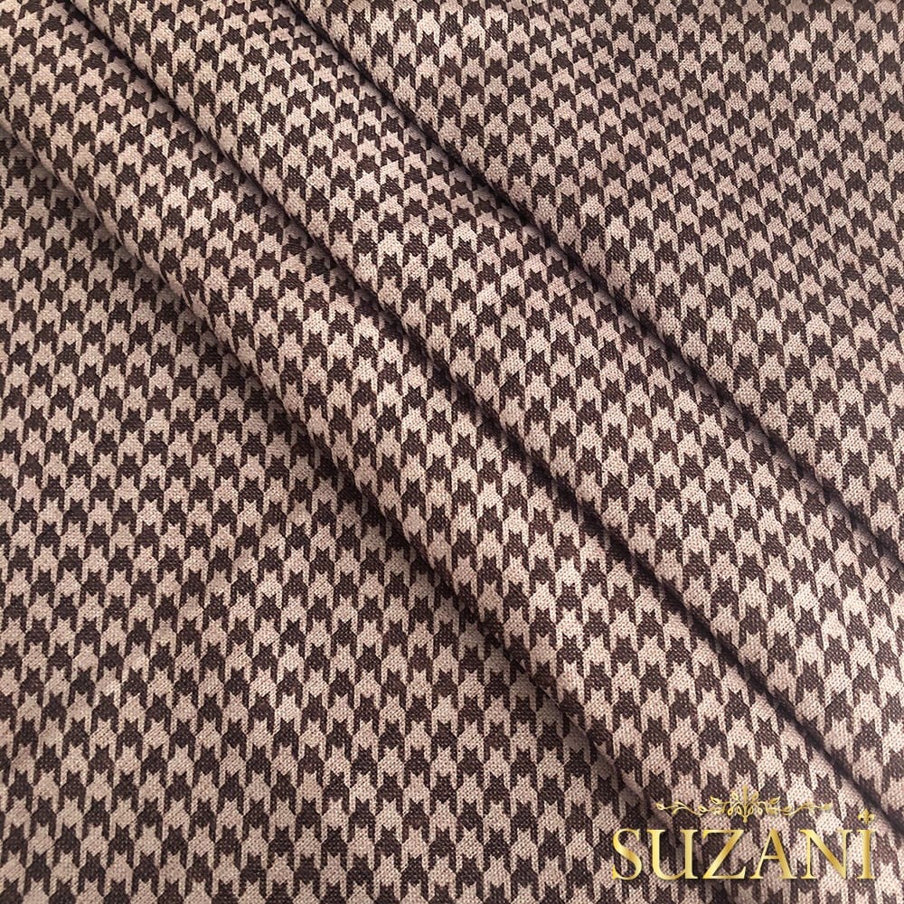 Keten Efektli Küçük Kahve Pudra Kazayağı Desenli Kumaş